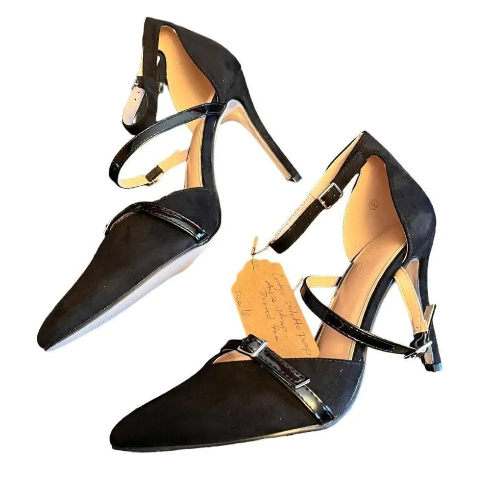 Coutgo Black‎ Strappy Pointed Toe Pumps Heels Women's Size 6 New With Box